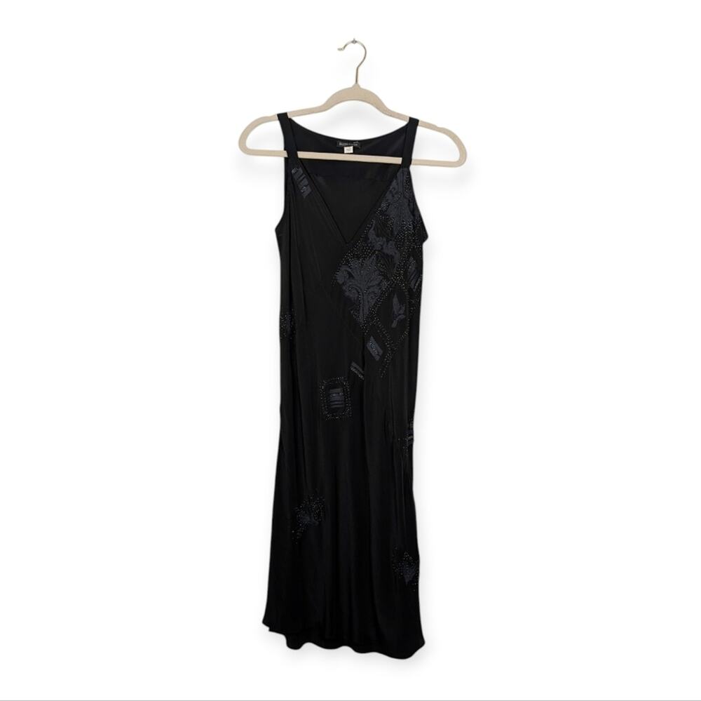 Eileen Fisher Silk Dress S Black Embroidered V Neck Sleeveless Minimalist